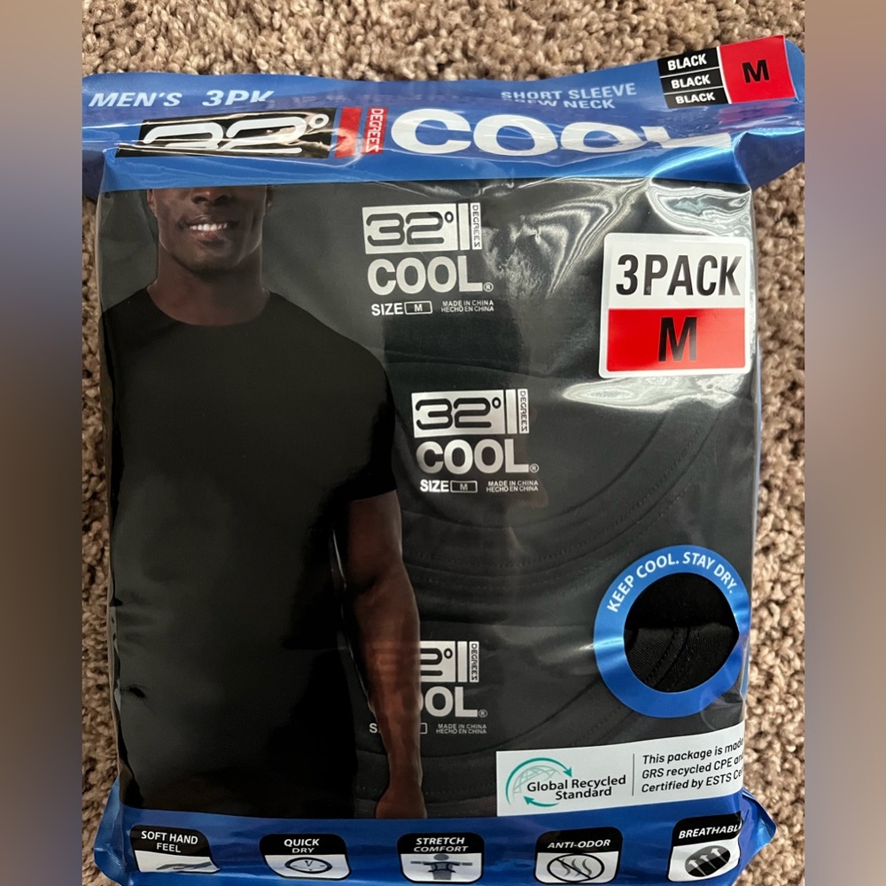 Men’s 32° cool three pack short sleeve crewneck black